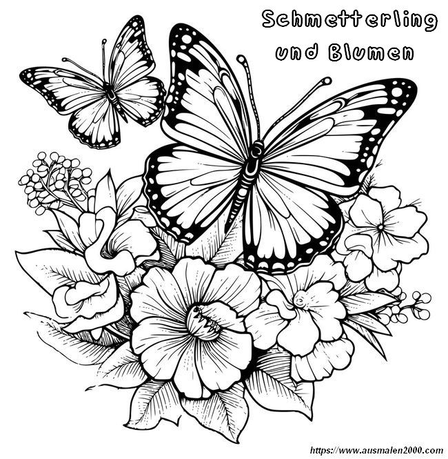 ausmalbild Schmetterlinge und Blumen im Garten